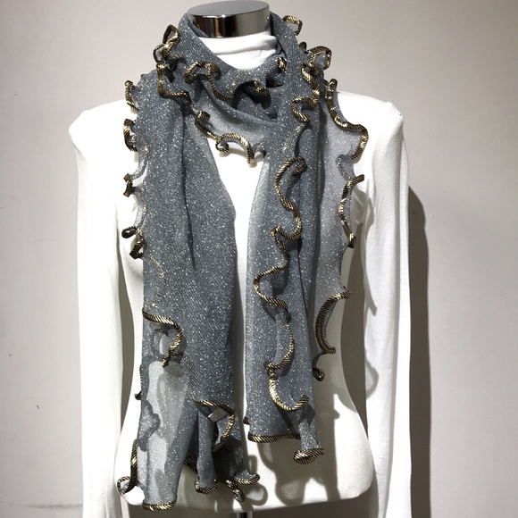 Sparkle Gray and Gold Trim Stretchy Scarf - Picture 2 of 4